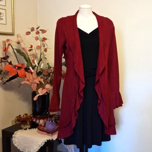 NWT Woman's Simon Chang Wine Burgundy Cardigan Coat Knit Long Outerwear - Picture 3 of 11